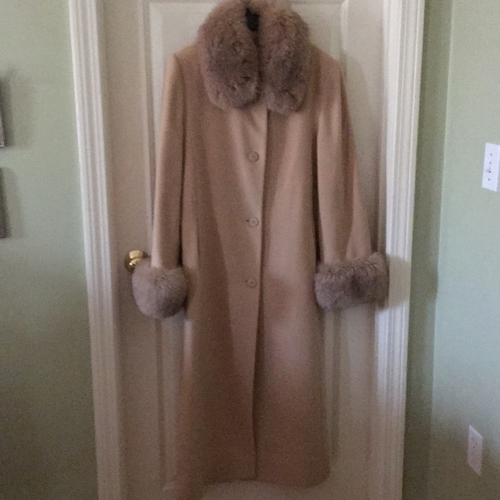 Long winter coat , fox fur trimmed creamy beige